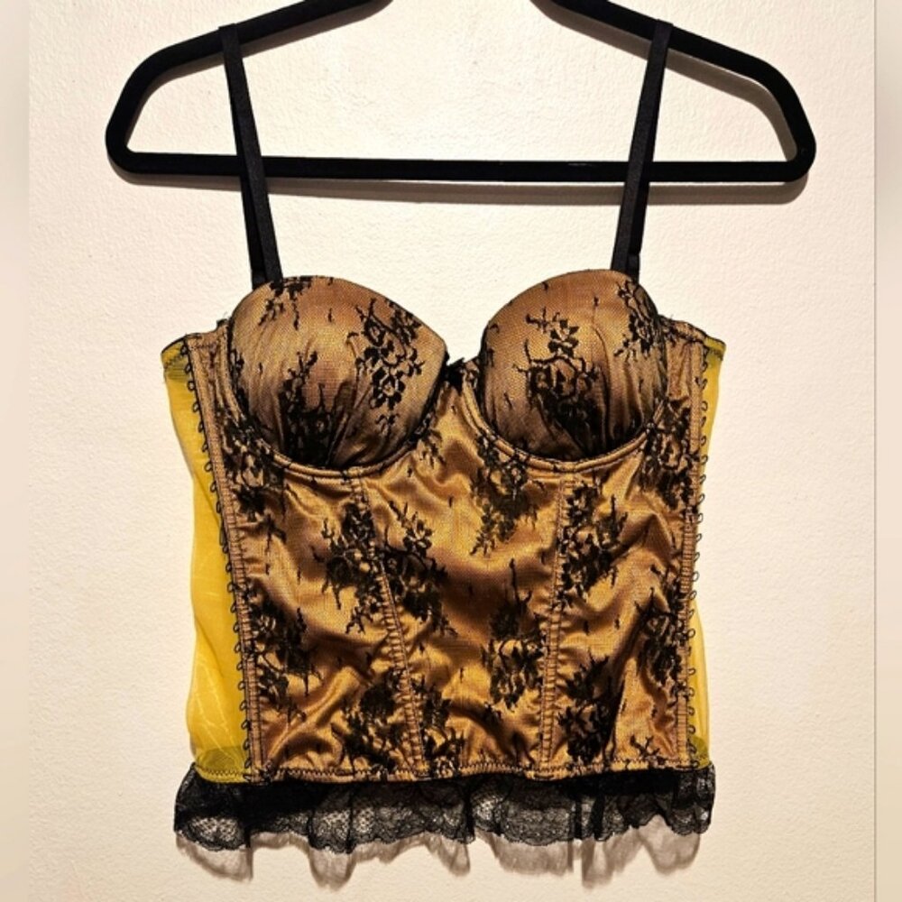 Blush Gold Satin & Black Lace Corset bustier top Adjustable strap and Back Sz M